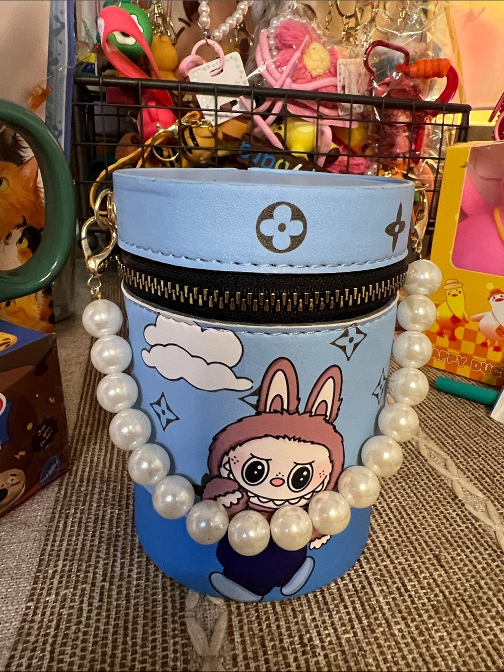 Kids Blue Cartoon Pearl-Handle Crossbody Bag w/accessories